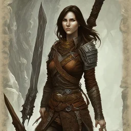 dungeons and dragons, female human, druid, brown hair, brown eyes, full body, realistic face, short hair, hair tied back, large nose, closed mouth, leather armor, face scars