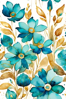 watercolor abstract big turquoise flowers with golden outlines on white background