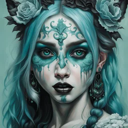 a painting of a girl in the style of beautiful grotesque, hyper-realistic, hyper-detailed, portraits, anthropomorphic, pale turquoise and dark gray, ratcore, onii kei, emotional sensitivity, visceral art