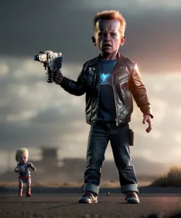 The Terminator toddler, full body, dramatic lighting, angry, hyper realistic