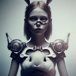 a cute smiling girl with her toy bunny, tattoo in her face, michelangelo oil painting, steam punk, scary, horror, realistic, made in octane, cinematic, ultra-realistic, extremely detailed octane rendering, 8K, VRAY Super Real ar 2:3, dof photorealistic futuristic 50mm lens hard lighting dark gray tintype photograph, realistic lighting, sephia colors