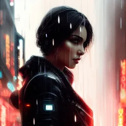 85 mm portrait of beautiful woman under the rain and look at the camera, beautiful face,night cyberpunk city,contre-jour,blade runner,artstation,higly detailed,by greg rutkowski