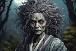 full color front facing portrait of a malevolent female Yama Uba witch in a ragged kimono with highly detailed shaggy hair , aged emaciated, and withered facial features, in a haunted mountain forest, pierced by shafts of moonlight , 8k , finely detailed and precise line work, soft natural Spring colors