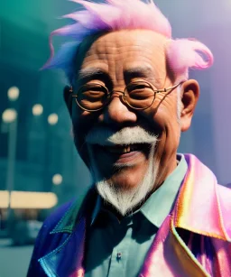 Ultra Realistic photo, medium shot view, drunken sweet dancer old Asian man, carnival scene, monster hair, steampunk style. Red hair, confeti, smile, happy, festival, ovnis, gradient color fog. highly detailed, concept art, unreal engine 5, ray tracing, RTX, lumen lighting, ultra detail, volumetric lighting, 3d, finely drawn, high definition, high resolution.