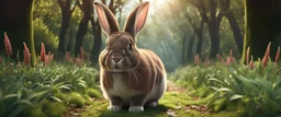 High-end hyperrealism epic cute rabbit chewing grass, inspired cinematic photography, symmetry forest alley background, Aesthetic combination of sage green and walnut and honey red, Vintage style with brown pure leather accents, Art Nouveau visuals with Octane Render 3D tech, Ultra-High-Definition (UHD) cinematic character rendering, Detailed close-ups capturing intricate beauty, Aim for hyper-detailed 8K