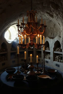 in the art style of Karem Beyit: a chandelier of bones above a table of candles, holders and snuffers. bowls of charcoal. A catacomb of burial niches in the background