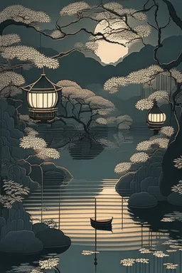 Somber Japanese garden with Chinese lanterns, and a river with an empty boat, in the style of art deco