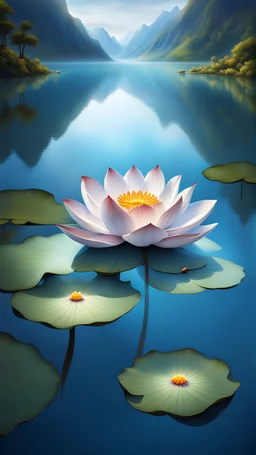 stunning mystic lotus flower on azure lake, high realistic, stunning