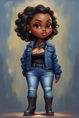 n this expressive oil painting illustration, we encounter a chibi cartoon rendition of a voluptuous black female exuding confidence and style. She stands proudly in her blue jean outfit, the denim fabric hugging her curves in all the right places. Her attire is completed by a pair of sleek biker boots, adding a touch of edginess to her ensemble. The character's face is adorned with prominent makeup, enhancing her features with bold colors and sharp lines. Her hazel eyes sparkle with a hint of m