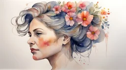 woman 45 years old, watercolor, flowers in hair, fine drawing, stained paint