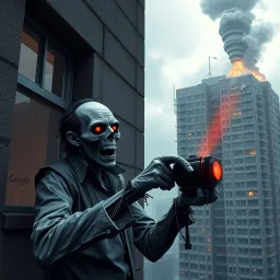 zombie that resembles Nicholas Cage holding a detonator switch outside the windows an adjacent high-rise building is crumbling and smoking, google logo on building, cinematic