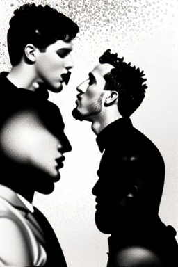 black and white photo of two men kissing, pop art background