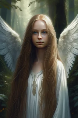 A realistic portrait of an Angel with long Aubern hair and white wings standing in a forest