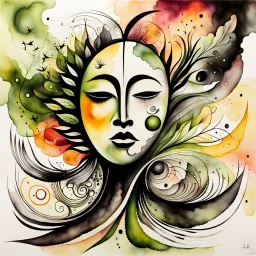 an abstract ink wash and watercolor illustration of her subconscious yearning to be as free as the wind , neo surrealism, abstract expressionism , striking, atmospheric, dreamlike, mystical, enigmatic, in the style of Joan Miro and Roberto Matta, in soft, rich plant based organic colors, hyper detailed , highly detailed feminine facial features, 4k