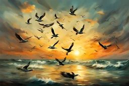 Flock of seagulls at sunset. painting style of William Turner