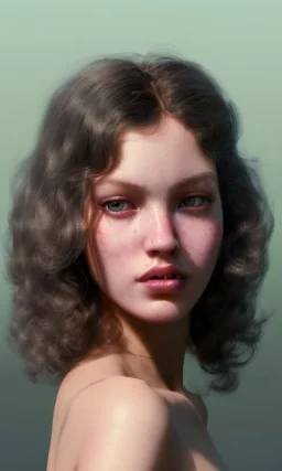 1970's porno model , cute, angelic face with minor blemishes, beautiful, long flowing hair, wavy hair, curly hair، black eyes, head and shoulders portrait, cinematic, 8k, resolution concept art portrait by Greg Rutkowski, Artgerm, WLOP, Alphonse Mucha dynamic lighting hyperdetailed intricately detailed, bokeh, Stunning 8k ektar film scan