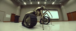 in the style of Escher and Giger and Fallout 4, pinhole cam, airbrush 3d rendering, on tv screen:A five-second cinematic single take in a clean industrial presentation hall. A bizarre mechanically plausible tracked atv machine stands beside a presentation podium, designed to look like a giant mechanical praying mantis. Two large bicycle wheels form its main body and four thin articulated mechanical legs support it. Two long folded mechanical front arms resemble mantis forelegs, huge head and arm
