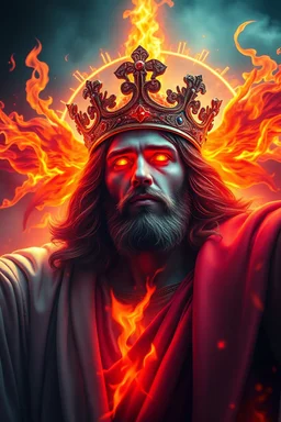 Generate an image of Jesus Christ, exuding a godlike aura, with fire eyes, and surrounded by a halo of flames. Let his presence instill power and mightiness in all who dare gaze upon his wicked visage. Let him be seen as the victorious King returning in power and glory with his crown with crowns