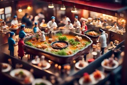 Tilt-shift photo of a crowded hotpot restaurant, miniature people eating, chefs making food, people at work, creative photography, miniature photography, beautiful lighting, ultra-detailed, unreal engine 8k, tiny people, video game masterpiece