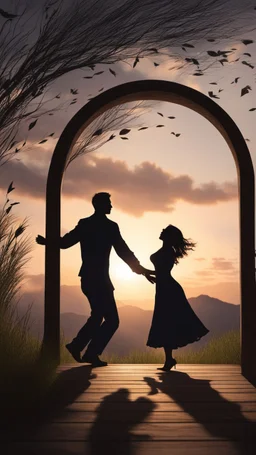 Hyper Realistic shadow-silhouette of a romantic man-&-woman-dancing behind a romantic sunset & with a wooden-arch with cloudy sky on mountain-top with leaves-whirling-&-breeze-blowing-tall-grass showing dramatic-romantic-&-cinematic-ambiance