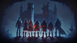 Adventurer party of four people, standing before a dark castle