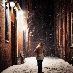 a woman cowering in an alleyway, distressed, downtown snowy new york at night, dramatic, dramatic lighting, volumetric lighting, hyperrealism, 8k, high quality, photorealistic, lot of details