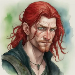 dnd, fantasy, watercolour, large strokes, stylistic, portrait, illustration, dull colours, male, face, narrow long face, weathered face, green eyes, determined, smiling, red hair, very long hair streaming down the shoulders, lush hair, radiating light, five o'clock shadow