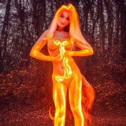 woman made of fire, fire angel, fire clothes, full body portrait, long flowing yellow hair, highly detailed, real life photo, photo quality, extremely detailed, highly detailed, 8K, crisp quality, looking at me