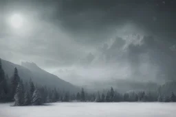 outdoor scene, at night, in the snow. large mountains in the background. a monstrous creature in the form of a large black cloud. snowstorm dramatic scene, very dark lighting. style vintage, photo, lightning cold, color film filter