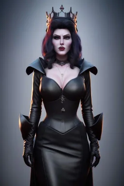 Amy Dumas as evil queen in black leather gown, evil, busty, cleavage, curvy, angry, stern look. character design by cory loftis, fenghua zhong, ryohei hase, ismail inceoglu and ruan jia. unreal engine 5, artistic lighting, highly detailed, photorealistic, fantasy