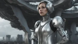 three-quarter view of a woman in a silver robotic catsuit standing in a futuristic derelict city with mushrooms with tentacles floating in the sky