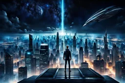 Lonely Night in the City, futuristic cityscape with a man standing at the edge of a rooftop, overlooking the vast city in the dark of night. The city lights illuminate the scene, creating a mysterious and captivating atmosphere.