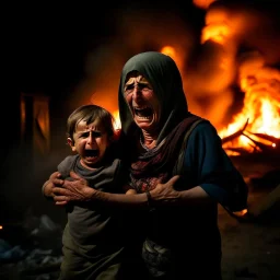 A Palestinian woman wearing the Palestinian dress carries her dead son as she screams and cries at night, with explosions in refugee tents behind her.