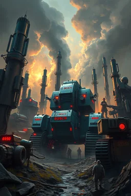 Bosch painting style nightmare a lot of all king of huge machines from all kind fillings the whole picture in a dramatic scene, high quality paint. 8k, cinematic