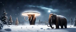 Hyper Realistic UFOs above woolly mammoth, snowscape at heavy snowfall night