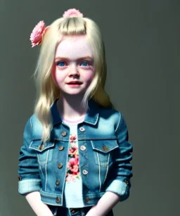 Elle fanning toddler, full body, city background, denim jacket, floral shirt, dramatic lighting