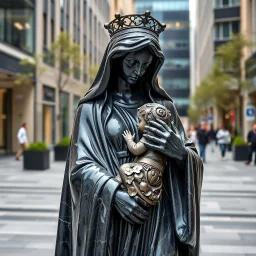 photo of a lady statue made of black marbel showing a goddoss love mother and baby in a modern city center