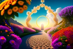 exquisite detail, sharp-focus, intricately-detailed, award-winning photograph, pathway to heaven, flowers