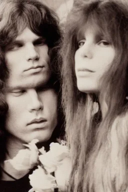 Jim Morrison and Pamela Courson ,music, ignoreNSFW, watermark, bohemian style , blurry,beautiful,elegant,roses, fantasy