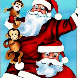 christmas card art, white dwarf santa, very short, monkey