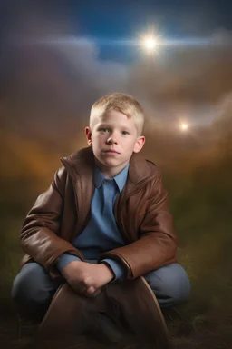 10-year-old Ron Perlman is posing for his school picture - Sparkling, Sky blue Background, professional quality studio 8x10 UHD Digital photograph by Scott Kendall - multicolored spotlight, Photorealistic, realistic stock photo, Professional quality Photograph. colored Fog