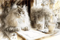 A pencil and charcoal line sketch, cute fluffy cat in coffeehouse in sunshine, intricate details and bold lines. beautiful Jean-Baptiste Monge Art Nouveau Steve Hanks Josephine Wall Thomas Wells Schaller Big water colour painting Ella du Cane Beautiful detailed eyes pastel patchwork line art Watercolor, pen and ink Maurice Miller and Faiza Maghni