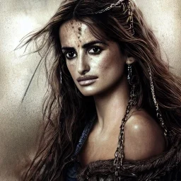 best quality, realistic lighting, masterpiece portrait of Penelope Cruz from pirates of the Caribbean, details, light dusting of freckles, shot from above, simple chain hauberk, warhammerVector art matte painting digital illustration 3D shading CryEngine Behance HD 3Delight