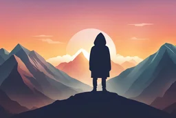 generate the app store logo of an app with an icon of a hooded up person with a background of a mountain and sunset