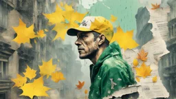 background old, cracks, yellow, torn canvas, gouache, double exposure, man, baseball cap, 40 years old, fine drawing, blots, newspaper scraps, leaves, green, autumn, rain, city, branches, 8K, double exposure