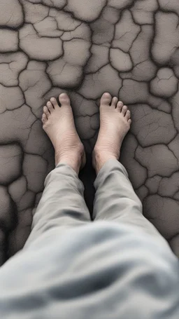 A side view of an old cracked feet with bad toes without shoes on a cracked dry ground in grey foggy ground side view