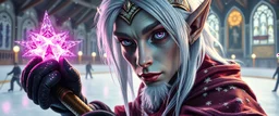 close up portrait of shiny ice monk dark elf with lavender eyes and white silver hair, and with magical aura hockey staff, pin hole cam, master oil painting by Rembrandt, d&d glam rock and glitter vampire gremlin illithid and lich playing hockey in ice skating hall or church, in the style of giger and escher, sci fi with floating little saucers