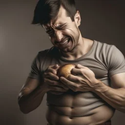 A man puts his hand on his stomach and feels angry from hunger