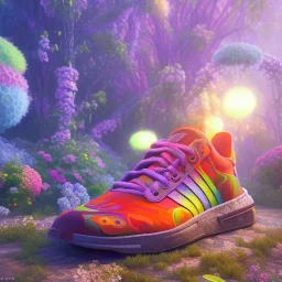 pixar style, volumetric summer garden environment and background, hyper realistic painting of adidas sneaker, looking excited, volumetric lighting, dramatic lighting, detailed digital painting, anime, ornate, colour-saturated colors, chaotic, small minutiae, tiny features, particulars, centered, smooth, sharp focus, renderman gofur render, 8k, uhd, detailed eyes, realistic shaded volumetric lighting, sunlight caustics, backlight, centered camera view