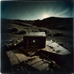 Photorealistic polaroid nothingness and distress, wooden void, wasteland, night Max Ernst, volumetric light, shot on Hasselblad, movie shot, details of the terrain accentuated, nightmare, hypermaximalist